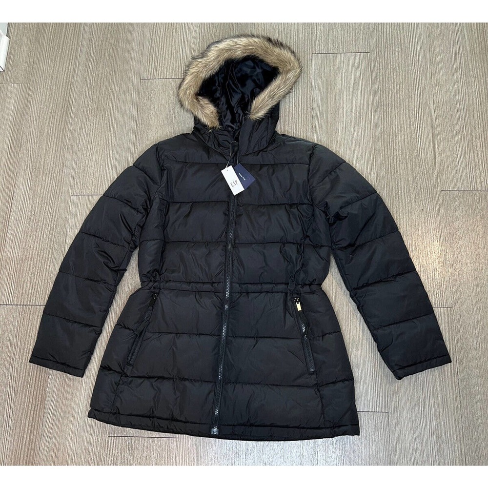 Gap Women's Cold Control Max Long Faux Fur Trim Puffer Jacket MP7 Black Size S